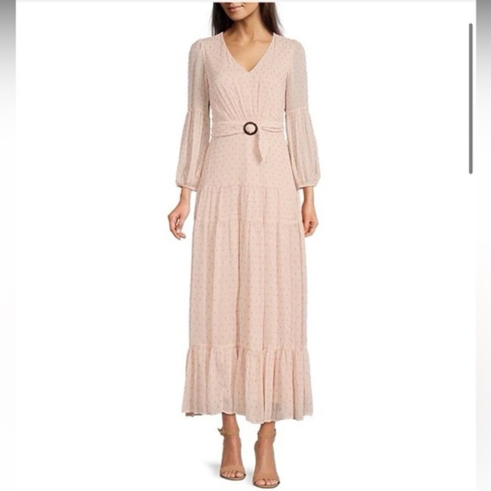 Taylor size 10 long sleeve tiered pink v neck belted maxi dress